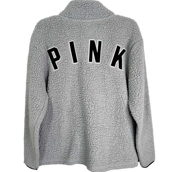 PINK VS Quarter Zip Teddy Sherpa Boyfriend Pullover Sweatshirt Grey Women’s S - Picture 2 of 11